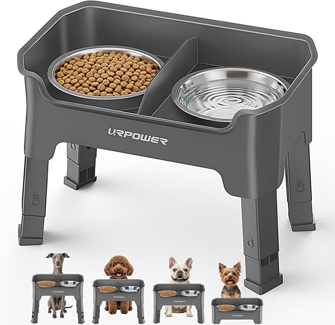 URPOWER Mess Proof Elevated Dog Bowls 4 Height Adjustable Raised Bowl Stand with 2 Stainless Steel Dog Bowls Non-Slip Food and Water Bowl Set for Small Dogs, Grey
