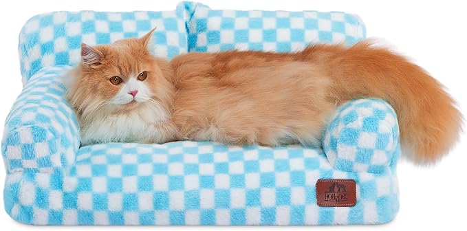 Hollypet Fluffy Dog Cat Bed Pet Couch Beds Plush Soft Warming Washable Puppy Bed for Small Medium Dogs and Large Cats, Blue and White, 24" L x 18" W x 10" Th