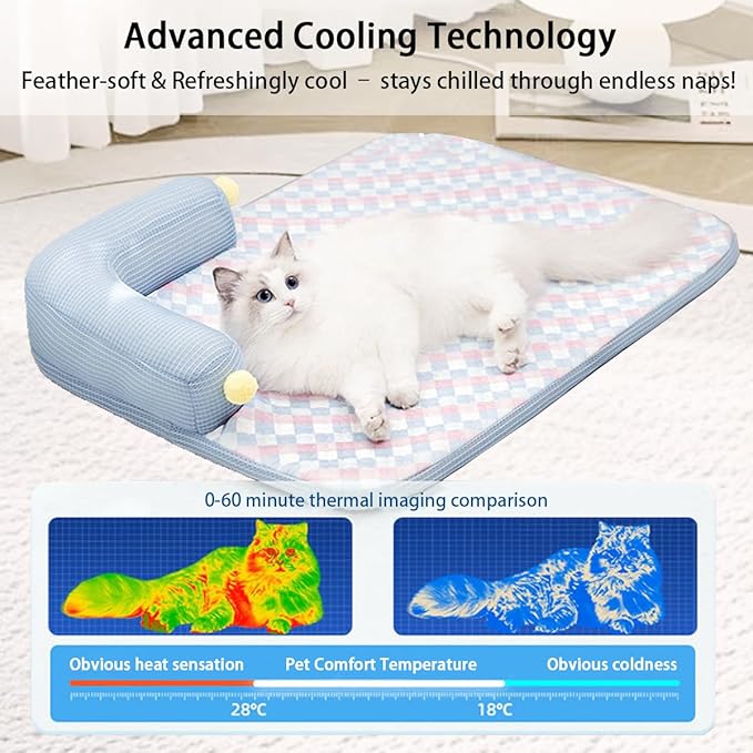 Cooling Cat Bed with Pillow – L-Shaped Sofa Design, Breathable Summer Mat for Kittens & Cats, Machine-Washable Cushion Calming Bed for Persian, Siamese, Small Pets (Blue, 25"x19"x4")