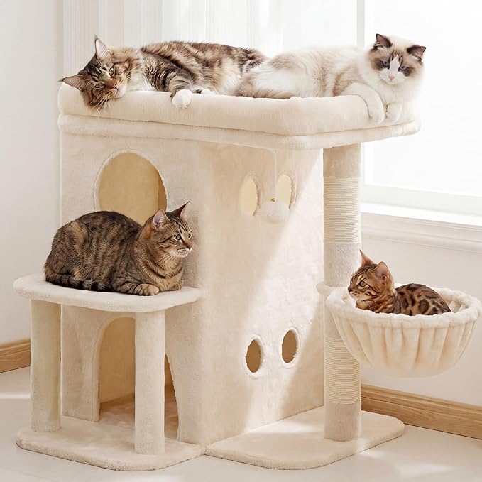 Heybly Cat Tree, 26.3-inch Cat Tower with Spacious Top Perch for Large Cats, Stair-Style Cat House Furniture with Dual-Layer Condos, Sisal Scratching Posts, Cozy Basket & Pompom, Beige HCT204SM