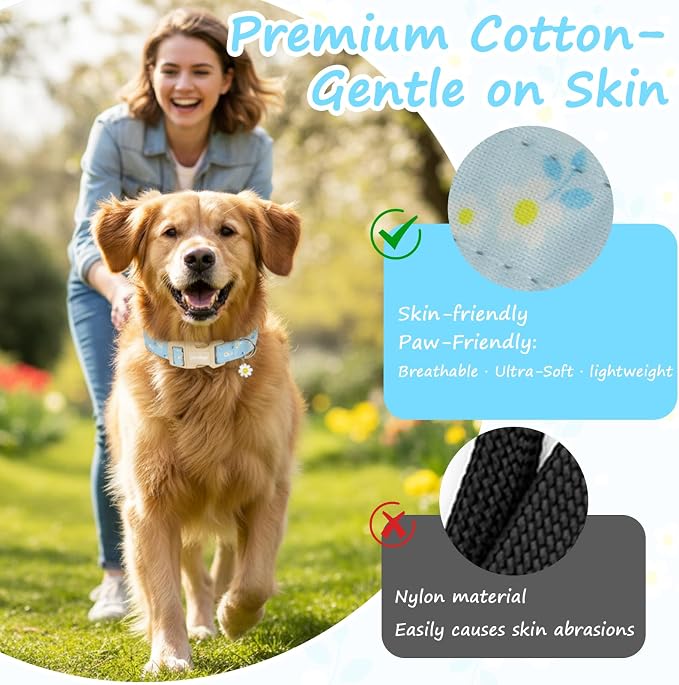Dog Collar for Small Medium Large Dogs, Spring Blue Dog Collars with White Flowers, Adjustable Cotton Dog Collars, Cute Girl or Boy Dog Collar Ideal for Gifts,Pet Accessory,S