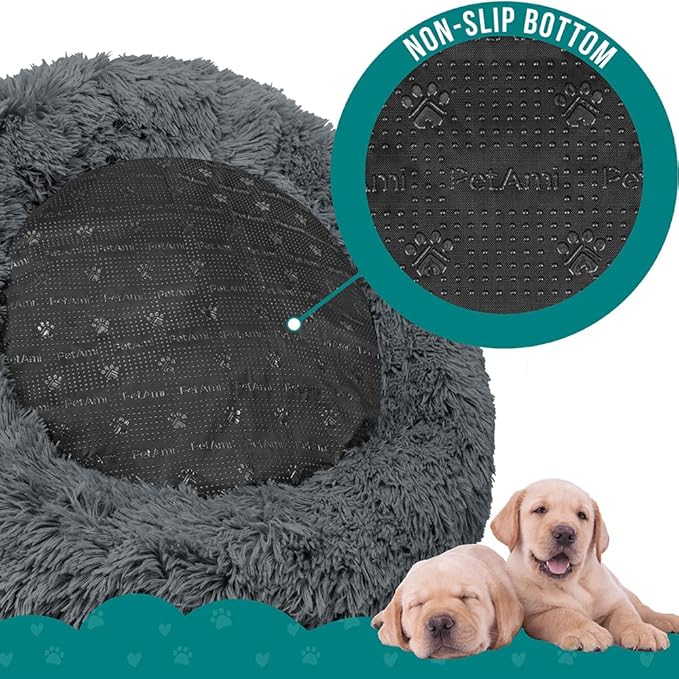 PetAmi Calming Dog Bed for Small & Medium Dogs, Cats & Puppy, Warming Round Donut Cuddler Bed, Anti-Anxiety Fluffy Shaggy Faux Fur Pet Bed, Machine Washable, Non-Slip Bottom, 23 Inch - Dark Gray
