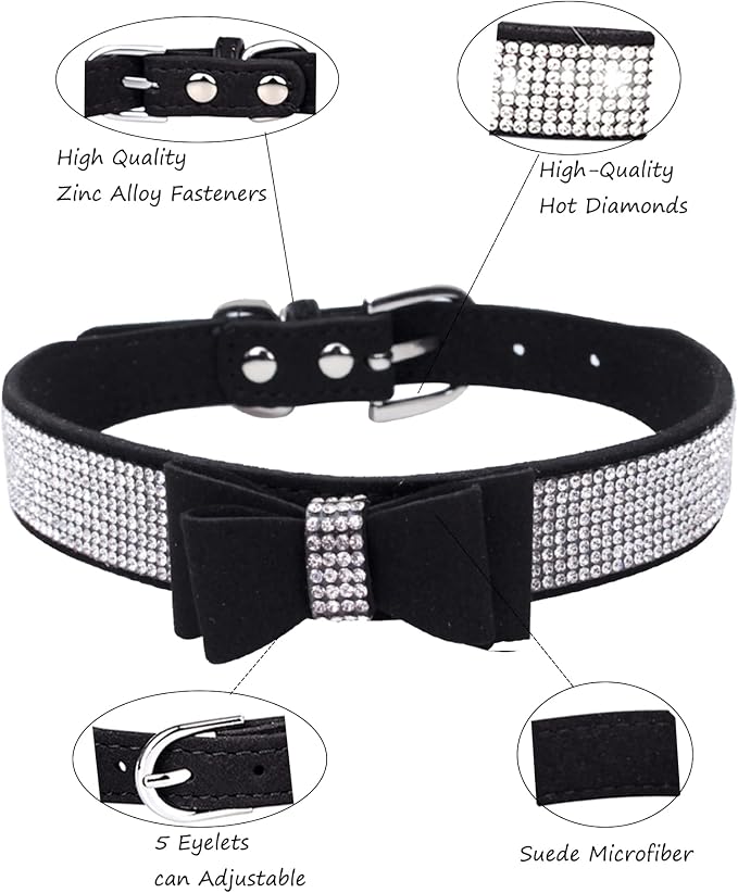 Rhinestone Dog Collar for Small Medium Large Dogs, Adjustable Leather Suede Bling Dog Collars，Diamond Bow Tie Puppy Collars for Boy and Girl.