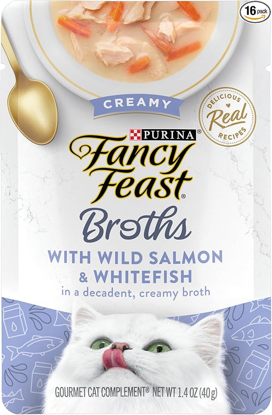 Purina Fancy Feast Creamy Broth With Wild Salmon and Whitefish, Gourmet Lickable Cat Food Topper, Pack of 16, 1.4 oz. Pouches