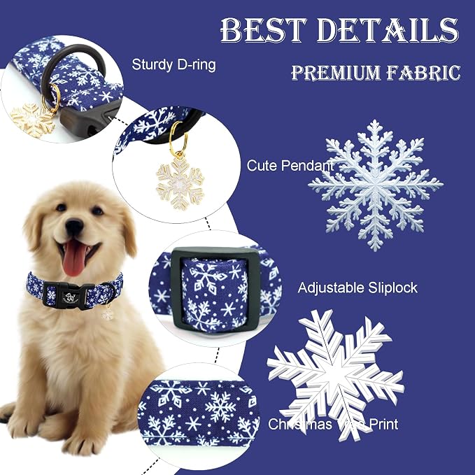 Elegant little tail Christmas Dog Collar, Snow Print Pet Collar Cotton Soft Plastic Buckle Sturdy Puppy Collars Holiday Female or Male Adjustable Collar for Medium Dogs