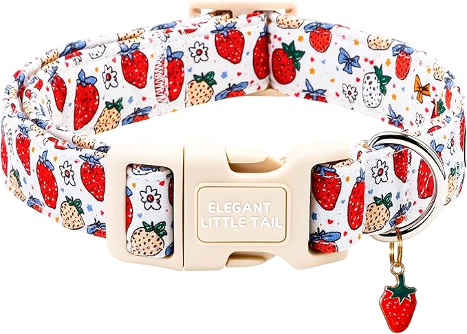 Elegant Little Tail Summer Dog Collar, Cute Pink Strawberry Pattern Soft Cotton Pet Collars with Sturdy Quick Release Buckle Female or Male Adjustable Pet Collar for X-Small Puppy
