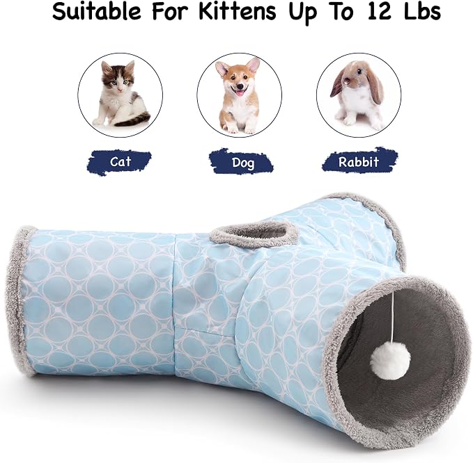 Tempcore Cat Tunnel for Indoor Cats, 3 Way Collapsible Pet Play Tunnel with Teaser Wand, Peek Holes & Hanging Ball, Interactive Tube for Kittens & Rabbits, Geometry Blue