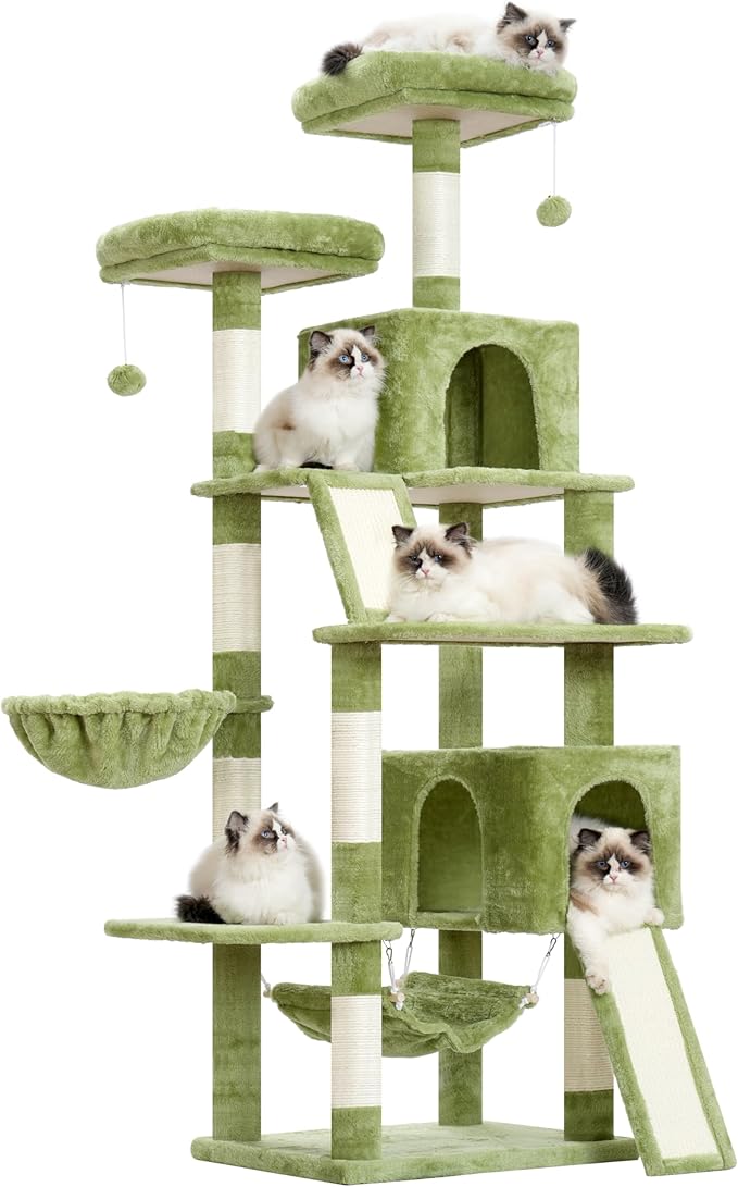 Gitelsnour Cat Tree for Indoor Cats, 71'' (180cm) Multi-Level Cat Tower for Large Adult, Sturdy Cat Tree House with 2 Scratching Boards 7 Posts, 2 Plush Perches/Condos, Hammock, Green GCT032GR