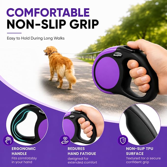 Heavy Duty Retractable Dog Leash-16ft Strong & Durable Walking Leash for S to L Dogs up to 45/115 lbs, Upgraded Lock System, Non Slip Grip, Tangle Free (Purple, Medium-Large Sized)