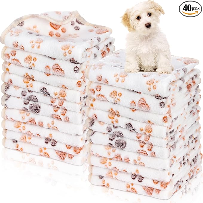 Chumia 40 Pcs Dog Blankets Soft Fluffy Fleece Washable Puppy Sleep Blankets Small Mat for Pets Throw Warm Bed Mat for Dog Puppy Cat (White,Paw)