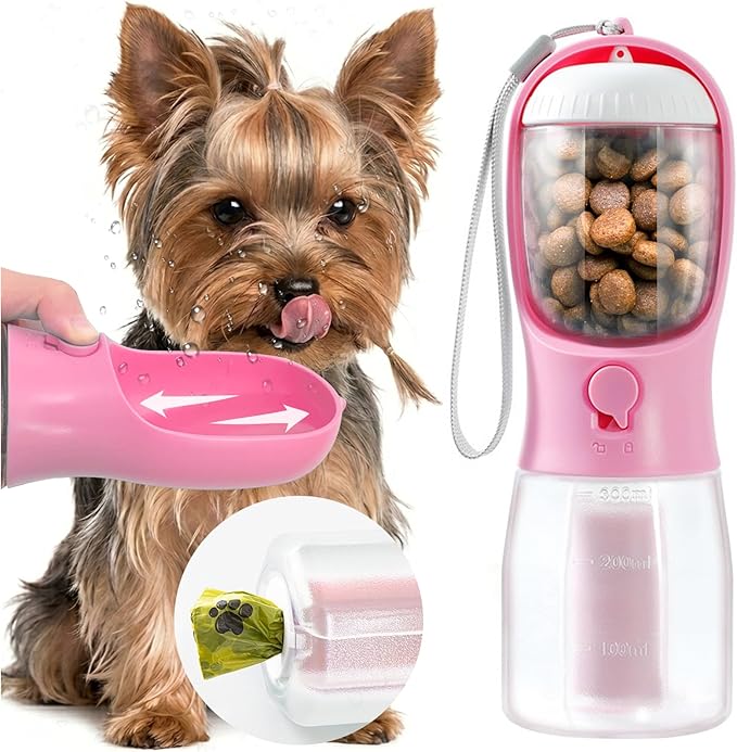 Portable Water Bottle for Small Dogs, 3 in 1 Animal Pet Travel Bowl Dispenser with Food Treat Container & Poop Bag Holder, Summer Hiking Walking Accessories for Puppy On The Go - Pink, 10oz