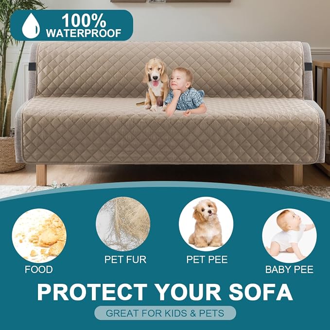 Turquoize 100% Waterproof Futon Cover Futon Slipcover Washable Armless Sofa Bed Slipcover Protector Seat Width Up to 70" with Adjustable Elastic Strap Anti-Slip for Dogs, Khaki
