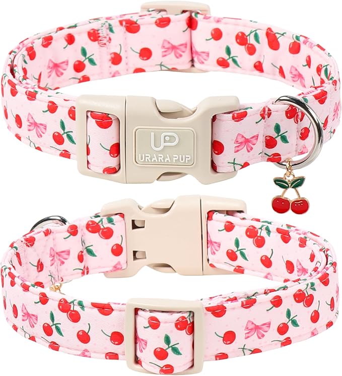 Spring Dog Collar, UP URARA PUP Strawberry Collars in Pink Checkered Adjustable Pet Collar with Quick Release, Daily Dog Accessories for Small Medium Large Dogs