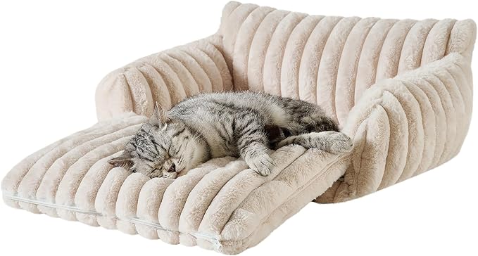 Hollypet Cat Bed Fluffy Plush Multifunctional Double-Layer Machine Washable Soft Warming Kitty Pet Couch Orthopedic Nest Beds for Small Cats Kitten and Dogs up to 13lbs, Cream(21x15x8 inch)