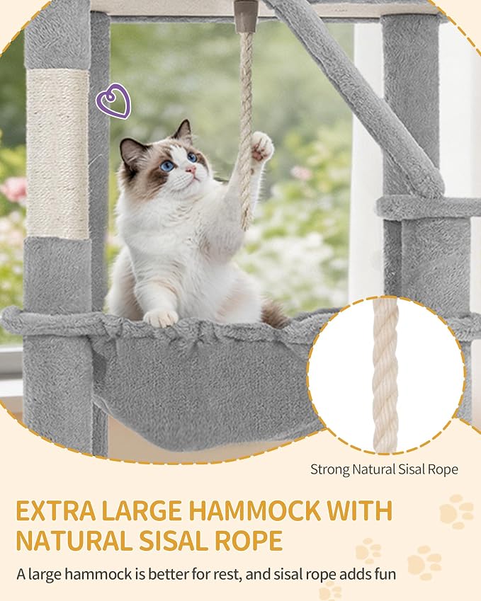Hzuaneri Large Cat Tree, 72 Inch Tall Indoor Cat Tower for 6 Large Cats, Corner Climbing Activity Pet Condo with 2 Large Platforms/2 Cats House/6 Scratching Post/1 Hanging Basket, Light Gray MS18318LG