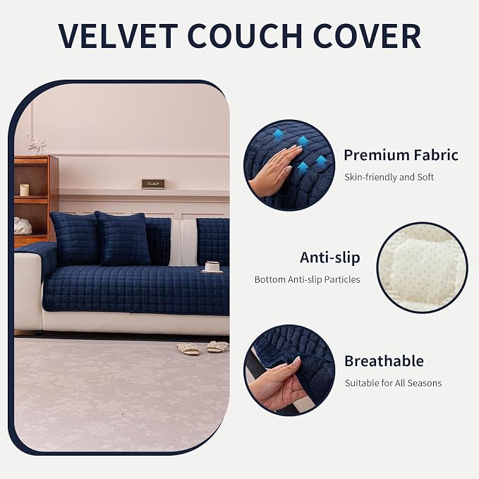 Velvet Couch Cover, Plush Sectional Sofa Cover Washable, Anti Slip Sofa Slipcover for Loveseat, Furniture Protector Covers for Pets & Kids(1PC,Navy Blue,36"×47")