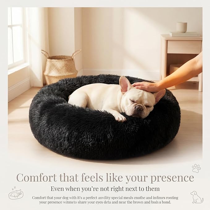 Calming Donut Dogs Beds for Medium Dogs up to 45 lb,30inch Anti-Slip Plush Round Dog Bed with Raised Rim,Fluffy Faux Fur Pet Bed for Cozy Sleep,Black