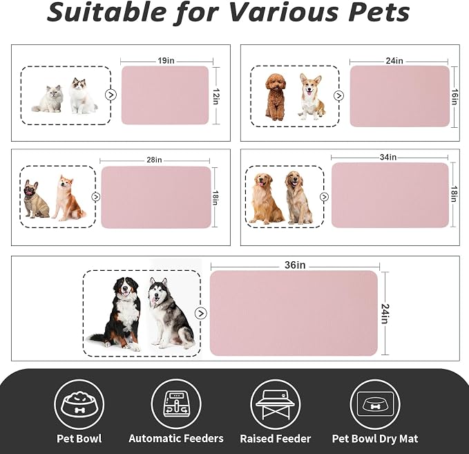 HotLive Dog Food Mat - Absorbent Cat Mat for Food and Water, No Stains Pet Feeding Bowl Mat, Easy to Clean Pet Placemats, Quick Dry Dog Water Dispenser Mat for Messy Drinkers | Pink 16"x 24"
