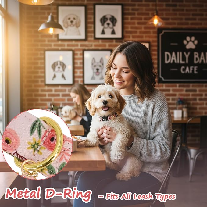 Dog Collar with Roses Patterns, Spring Summer Collection Pink Dog Collar with Exquisite Pendant, Durable Adjustable Collars for Gifts & Daily Use-S