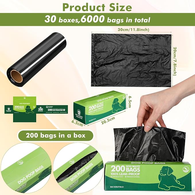Harloon 6000 Counts Dog Poop Waste Bags Bulk, 30 Rolls Pet Waste Bags, Extra Thick Strong Leak Proof, for Walking, Travel, Park, Puppy Cleanup,Universal Doggy Rolls Waste-Box(Black,12 x 8 Inches)