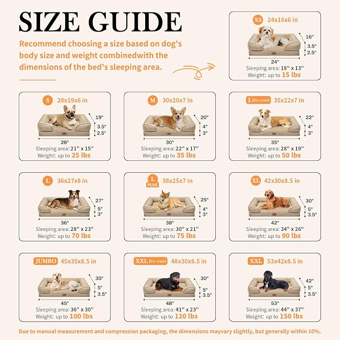 Comfort Expression Orthopedic Dog Bed for Large Dogs 38x25 Inch, Waterproof Egg Crate Foam Large Pet Bed with Removable Bolsters, Dog Couch with Washable Cover & Non-Slip Bottom, Light Brown