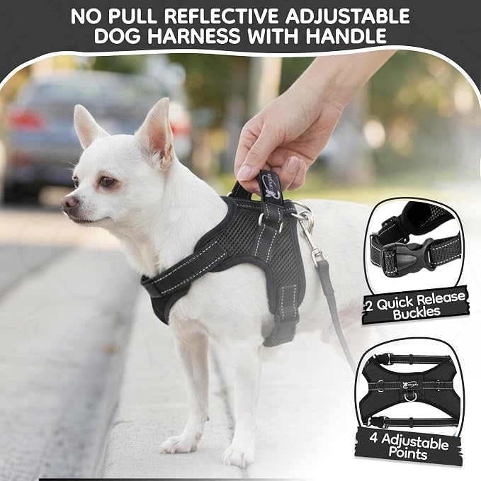 No Pull Reflective Adjustable Dog Harness With Handle- Comfortable Soft All Weather Mesh, Easy On Puppy Harness For Small Medium and Large Dogs (Black) X-Small