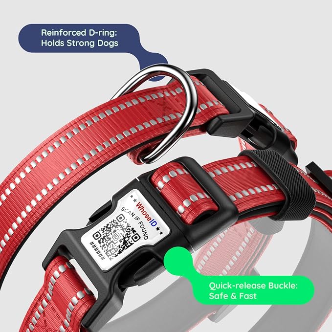 Airtag Dog Collar, Reflective Ultra-Durable Nylon Padded with QR Code Buckle & IP68 Waterproof Air Tag Holder Compatible for Apple AirTag, Comfortable for Small Medium Large Dogs(Red,M)