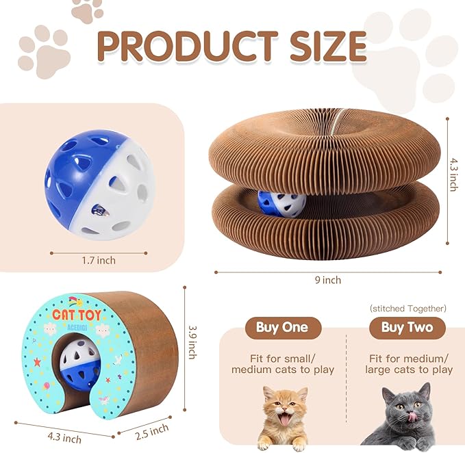 Extensible Cat Scratcher Cardboard Toy | Magic Accordion Scratching Pad with Bell Ball - Foldable & Reversible Interactive Kitty Play for Indoor Cats (2 Pack)