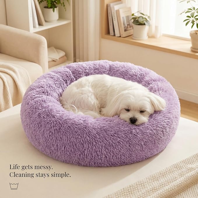 Calming Donut Dogs Beds for Small Dogs Washable,23inch Plush Round Pet Bed for Cozy Sleep,Fluffy Faux Fur Large Cat Bed,Fits up to 25 lbs Pets,Purple