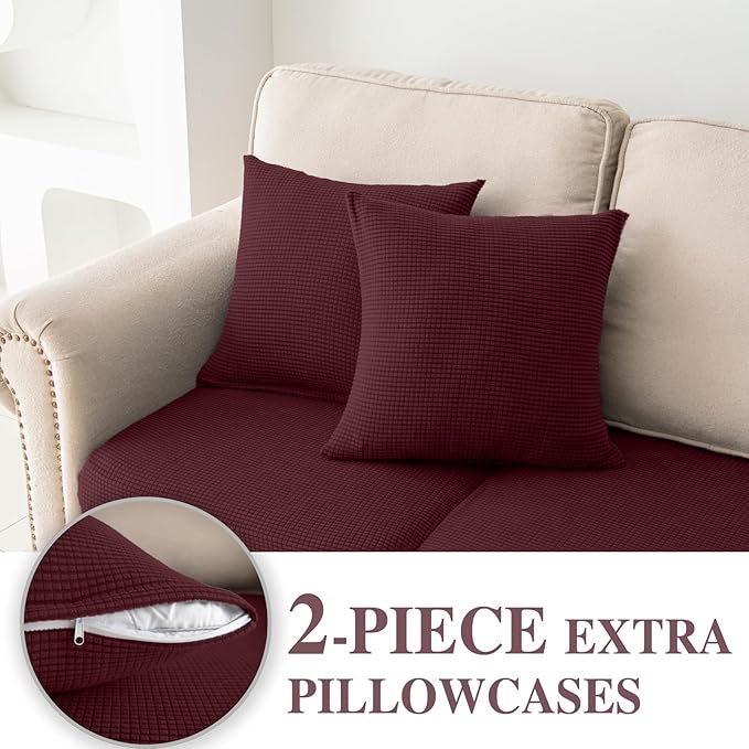 LA MEACK Couch Cushion Covers for Sectional Sofa L Shape Washable Separate Seat Chaise Couch Cover Stretch Sofa Slipcovers with 2 Pcs Pillowcases(3 Seater + 1 Chaise, Burgundy)