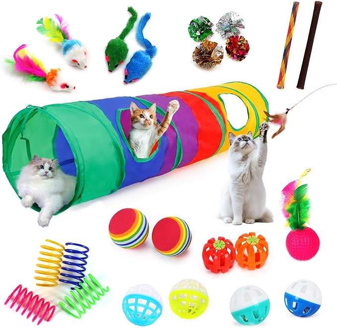 iCAGY 25 Pcs Cat Toys for Cats, Indoor Kittens - Interactive Variety Pack, 45 inches Rainbow Cat Tunnel, Feather Teaser, Feather Golf, Mice, Springs, Balls, Noise Toys - Rainbow/Colorful 45"
