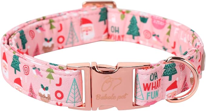 Christmas Dog Collar for Large Dogs - Adjustable Pink Christmas Collars for Dogs with Cute Santa&Tree Print, Heavy-Duty Winter Cotton Puppy Collar with Metal Buckle L