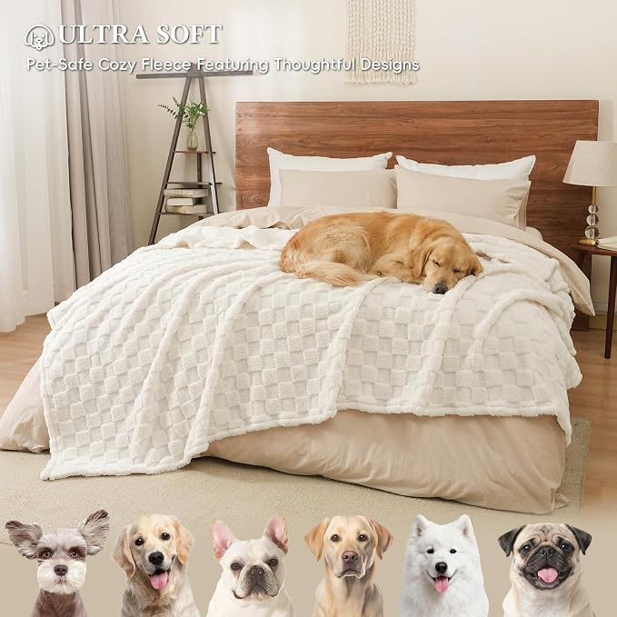 David's Home Large Dog Blankets Washable Pet Bed Cover, Soft Fluffy Fuzzy Cat Puppy Blanket with Premium 300GSM Fleece for Pet Kitten Doggy, Cream, 50x60IN