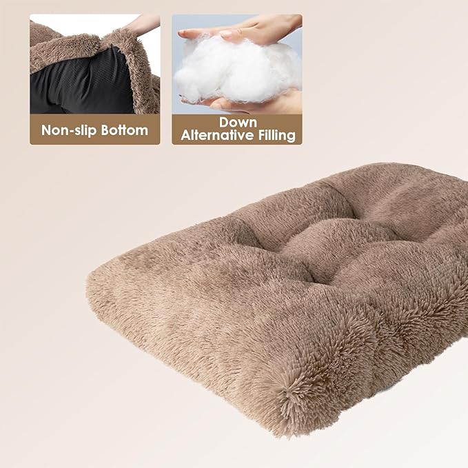 EHEYCIGA Fluffy Dog Crate Bed for Small Dogs, Plush Faux Fur Crate Pad, Calming Anti Anxiety Small Dog Bed, Washable Soft Warm Mat with Non-Slip Bottom, Camel