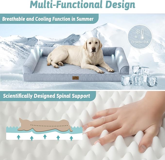 COZY KISS Cooling Dog Bed for Extra Large Dogs, 48"x32" Orthopedic Foam Sofa with Bolster Sides, Q-Max >0.4 Cooling Technology, Cool Pet Bed with Removable Washable Cover, Blue