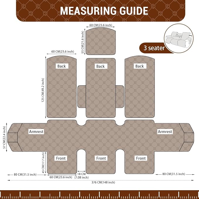 Waterproof Recliner Sofa Covers with Flipped Middle Backrest Washable Recliner Couch Covers Non-Slip with Elastic Straps Furniture Protector for Kid Dogs Pets (Brown)