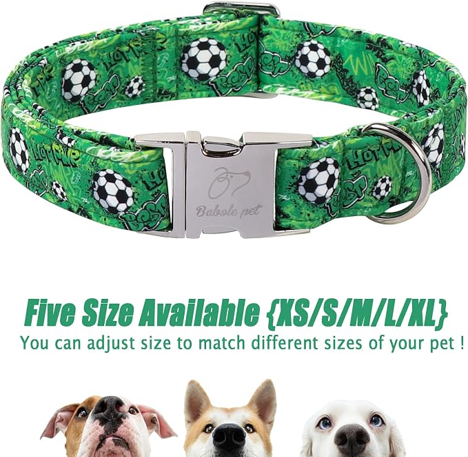 Cute Dog Collar, Green Soccer Boy Dog Collars - Soft Adjustable Everyday Collars for Small Medium Large Dogs, Durable Metal Buckle Male Dogs Collar XL