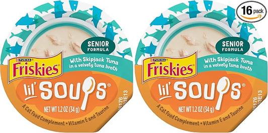 Friskies Purina Grain Free Senior Lickable Cat Food Toppers Lil’ Soups with Skipjack Tuna in a Velvety Tuna Broth - 1.2 oz. Cup,(Pack of 16)