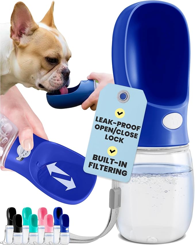 MalsiPree Dog Water Bottle Dispenser for Walks - 12 oz Navy Blue - Leak-Proof Lock & One-Hand Operation - Water Dispenser Pet Travel Bottle, for Travel, Trail Hiking, Park Visit, Camping & Beach Days