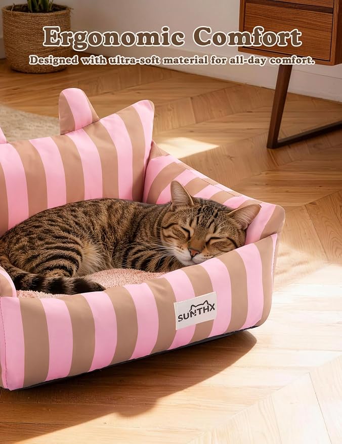 Cat Couch, Reversible Pet Bed for Indoor Cats – 2-Sided Cat Sofa with Oxford Fabric and Plush Fleece, Washable Small Dog Couch for Puppies and Senior Pets, Non-Slip Bottom, 22 inch, Pink Brown
