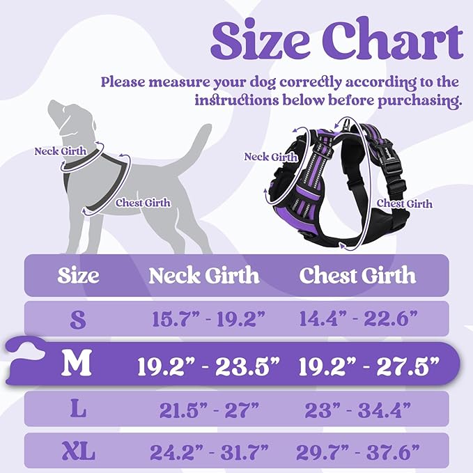 rabbitgoo Dog Harness Medium Sized, No Pull Easy On & Off with 3 Buckles Pet Harness, Adjustable Soft Walking Vest with 2 Clips and Handle, Reflective for Medium Dogs, Purple, M