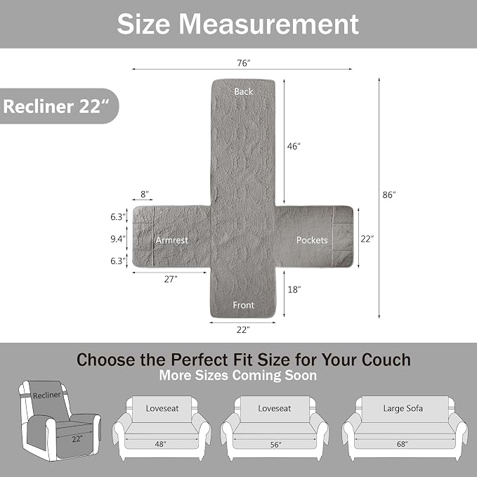 Gray Quilted Recliner Chair Covers, Waterproof Recliner Slipcovers, Lazy Boy Chair Covers, Pet Friendly Recliner Cover for Dogs Cats, Washable Furniture Protector (Recliner 22", Cool Gray)