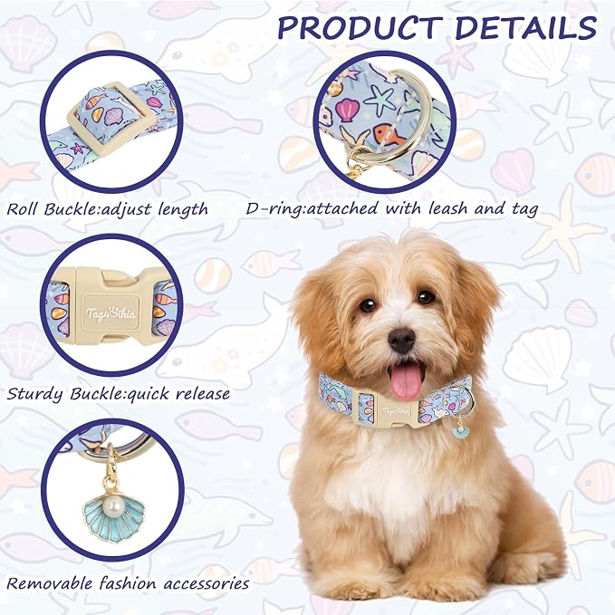 Cute Ocean Themed Dog Collar, Cotton Adjustable Pet Collar with Seashell Charm, Dolphin & Fish Print for Small Medium Large Dogs, Summer Beach Puppy Collar for Girl & Boy Dogs-S