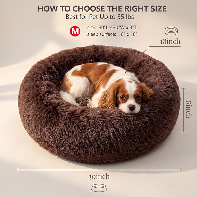 Calming Dog Bed for Medium Dogs Washable Donut 30 inches Anti-Slip Pet Bed,Round Fluffy Plush Faux Fur Cat Bed,Fits up to 45 lbs Pets,Chocolate Brown