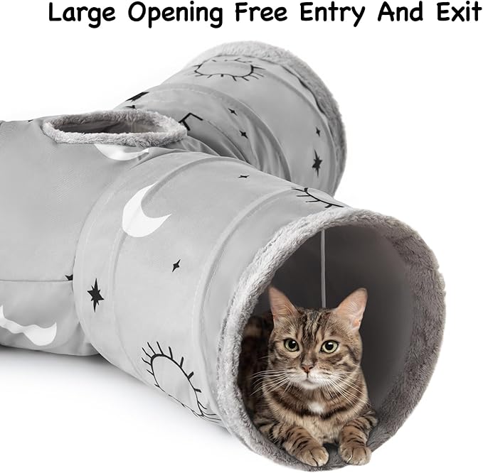 Tempcore Cat Tunnel for Indoor Cats, 3 Way Collapsible Pet Play Tunnel with Teaser Wand, Peek Holes & Hanging Ball, Interactive Tube for Kittens & Rabbits, Grey Sun