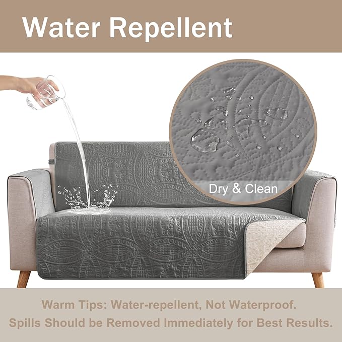 Quilted Cool Gray Sofa Slipcovers with Pockets, Anti-Slip Medallion Couch Covers for 3 Cushion Sofa, Couch Cover for Dogs Cats Water-Repellent Machine Washable (Large Sofa 68", Cool Gray)