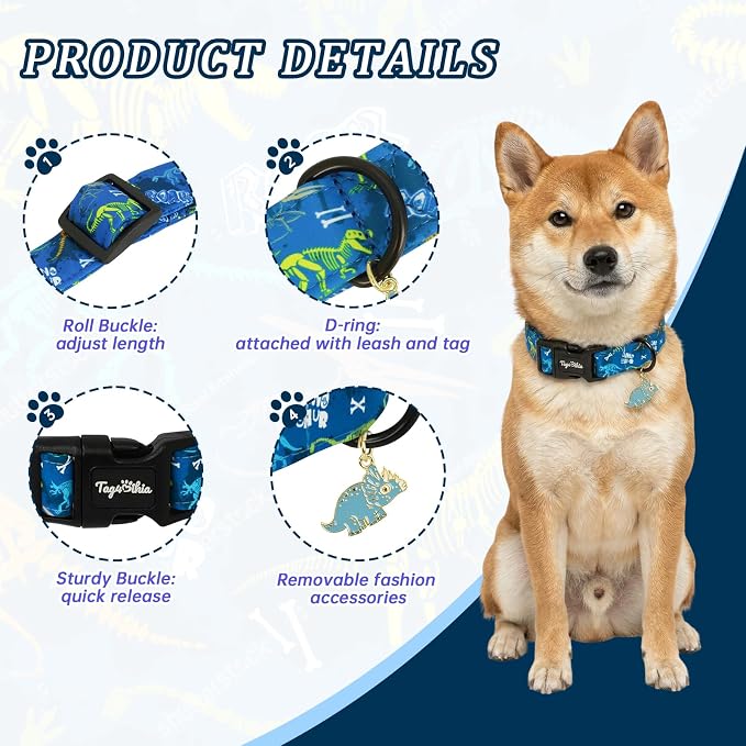 Dinosaur Dog Collar, Cute Boy Dog Collars for Small Medium Large Dogs, Blue with Dino Skeleton Print Soft Cotton Adjustable Puppy Collar, Male Dogs Pet Collar for Gifts & Daily Use-M