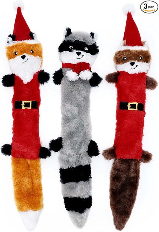 ZippyPaws Skinny Peltz - No Stuffing Dog Toys to Keep Them Busy, for Medium and Large Dogs, Squeaky Unstuffed Chew Toys for Pets, Soft Plush Variety Pack, Fox, Raccoon, & Squirrel - Holiday 3-Pack