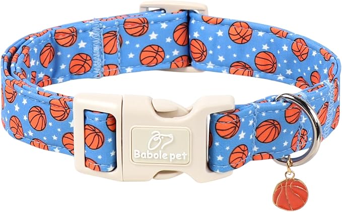 Basketball Dog Collar, Cute Boy Dog Collars for Giant Large Dogs - Blue Sports Themed Cotton Male Dogs Collar, Soft Adjustable Daily Pet Collars with Quick Release Buckle XL