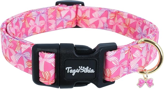 Cute Hot Pink Dog Collar with Bow Print, Spring Summer Puppy Collar with Adjustable Buckle, Soft Cotton Pink Dog Collar for Small Medium Large Dogs-M